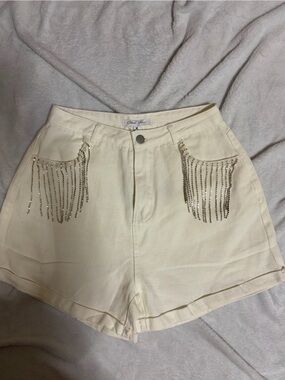 High-Waist Cream Shorts with Sequin Fringe Pockets